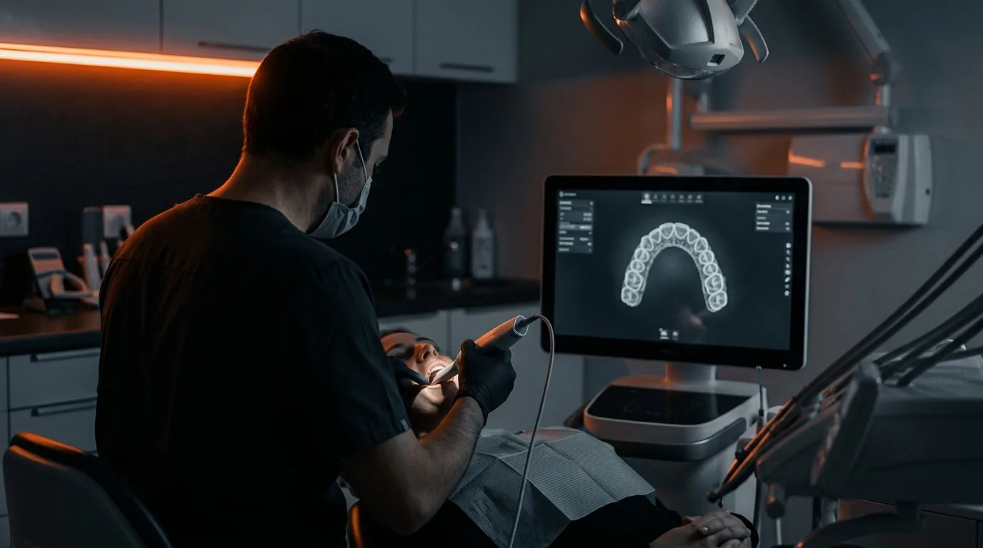 A dentist running a handheld intraoral 3D scanner over a patient's teeth, the dental arch rendering on the monitor beside them