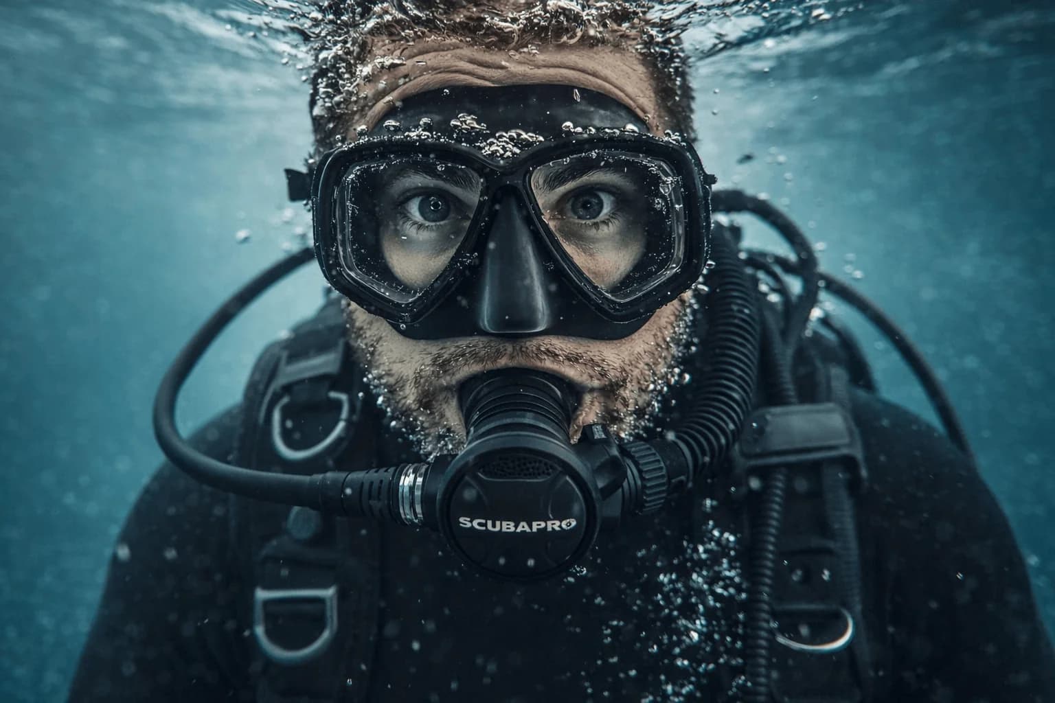 Scuba diver using a custom-moulded regulator mouthpiece